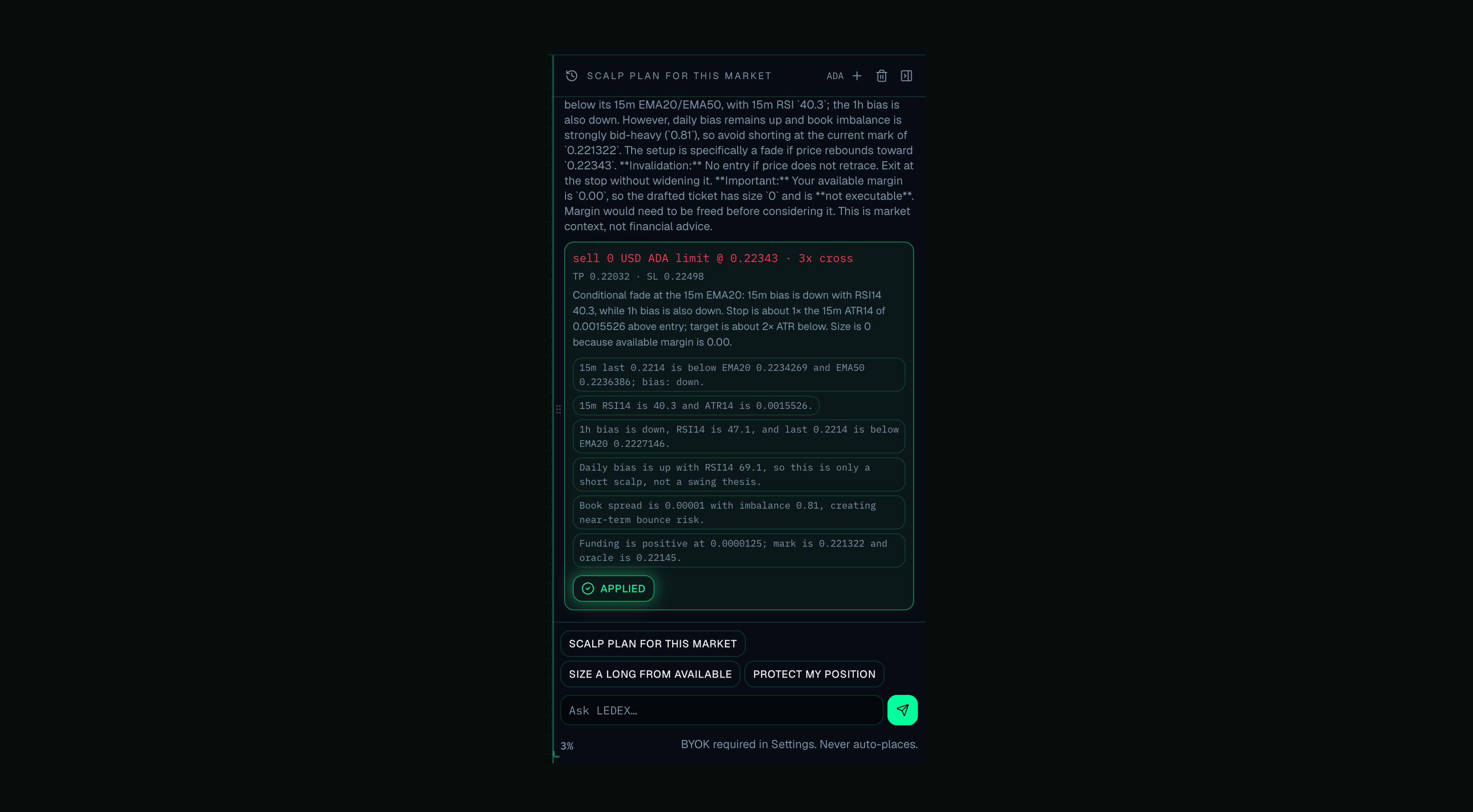 LEDEX AI rail with a drafted ticket and Apply to ticket already applied