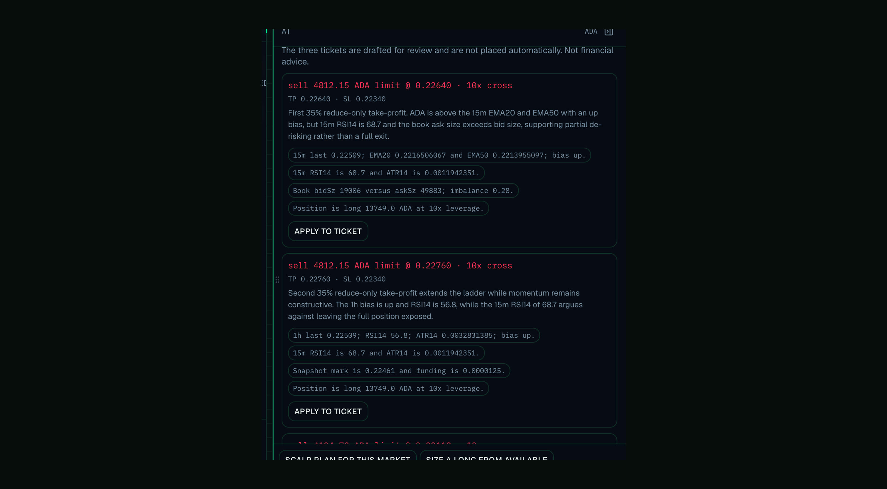 LEDEX AI proposing reduce-only tickets with Apply to ticket buttons