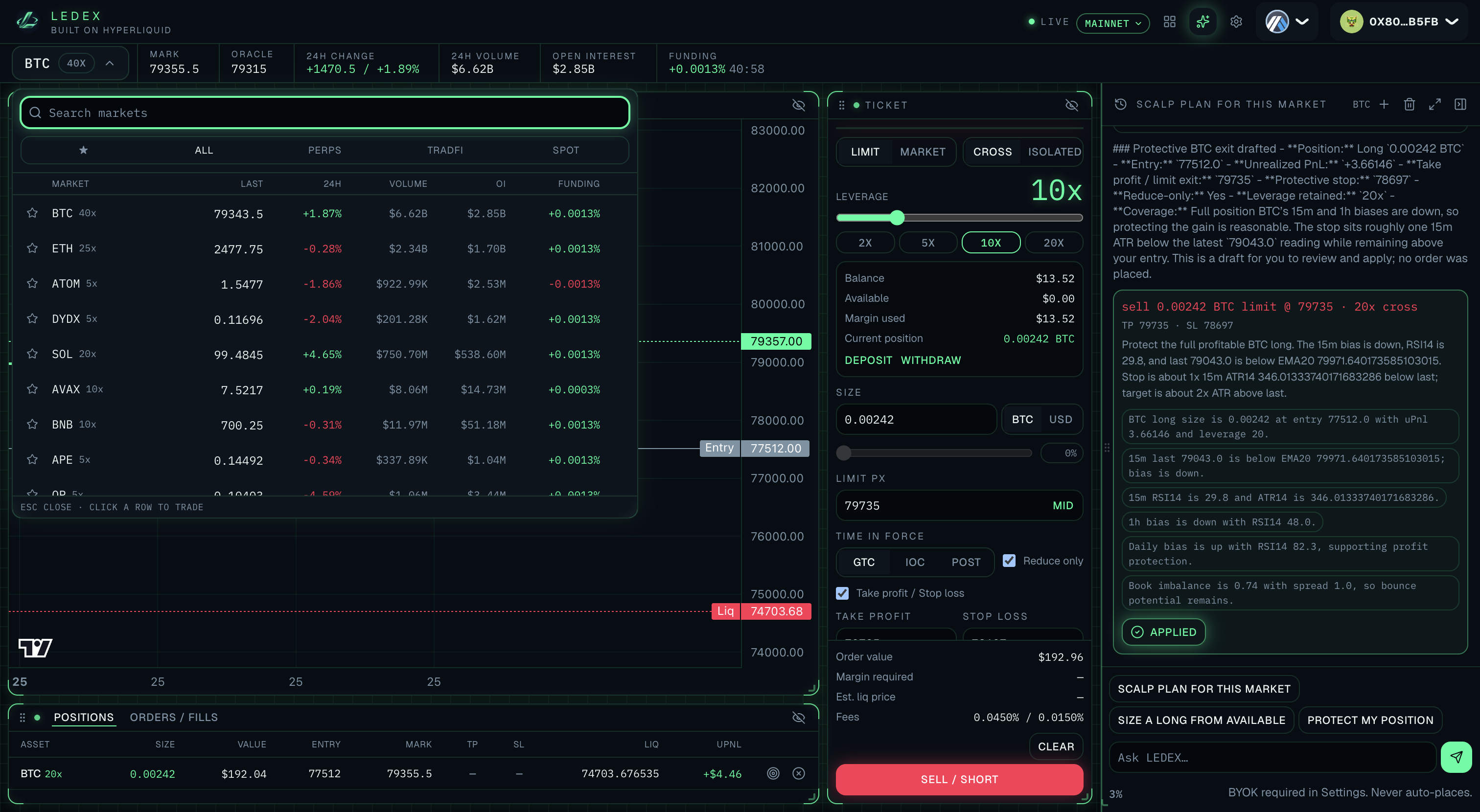 LEDEX market picker for perps, TradFi, and spot