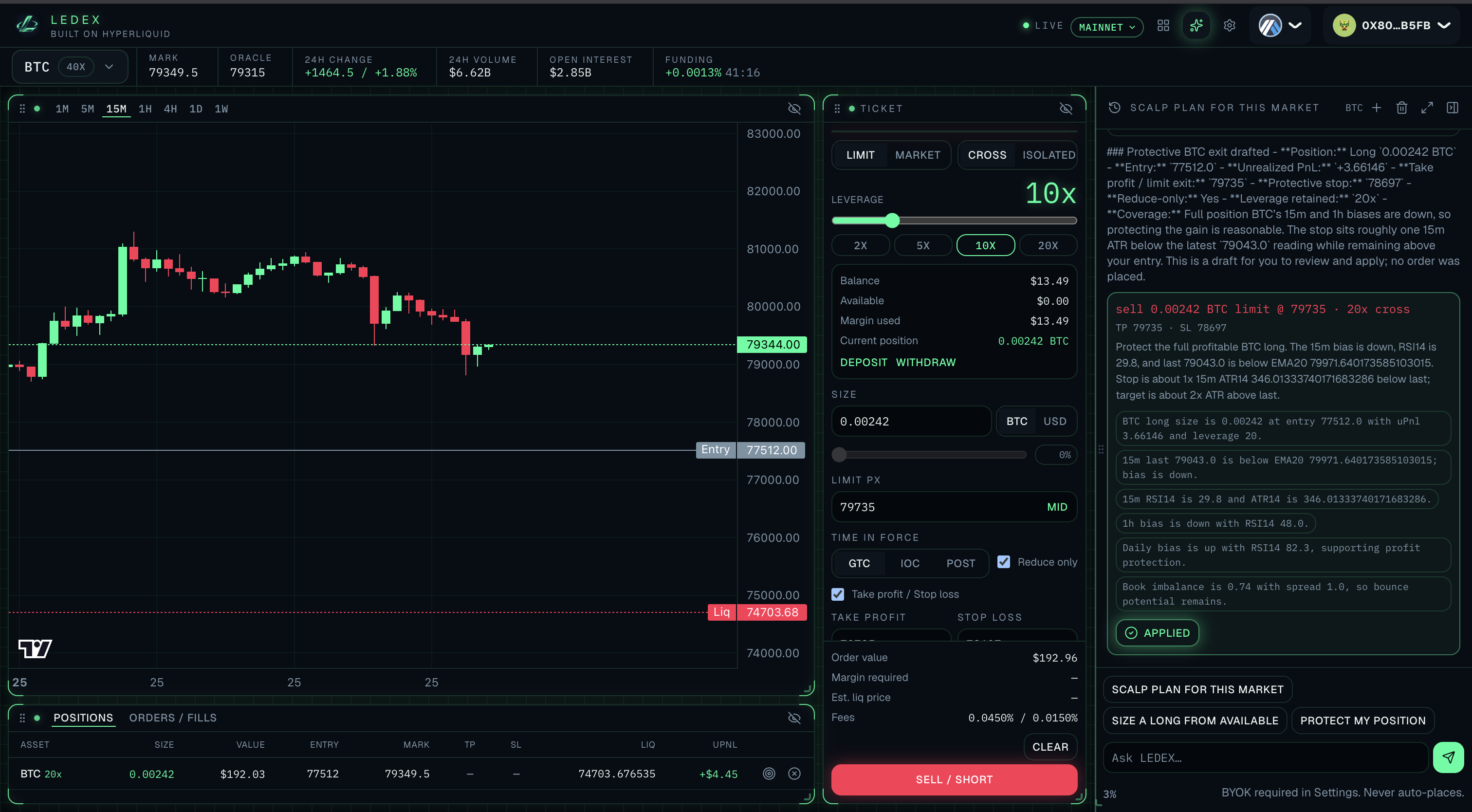 LEDEX trading HUD with BTC chart, order ticket, positions blotter, and AI rail