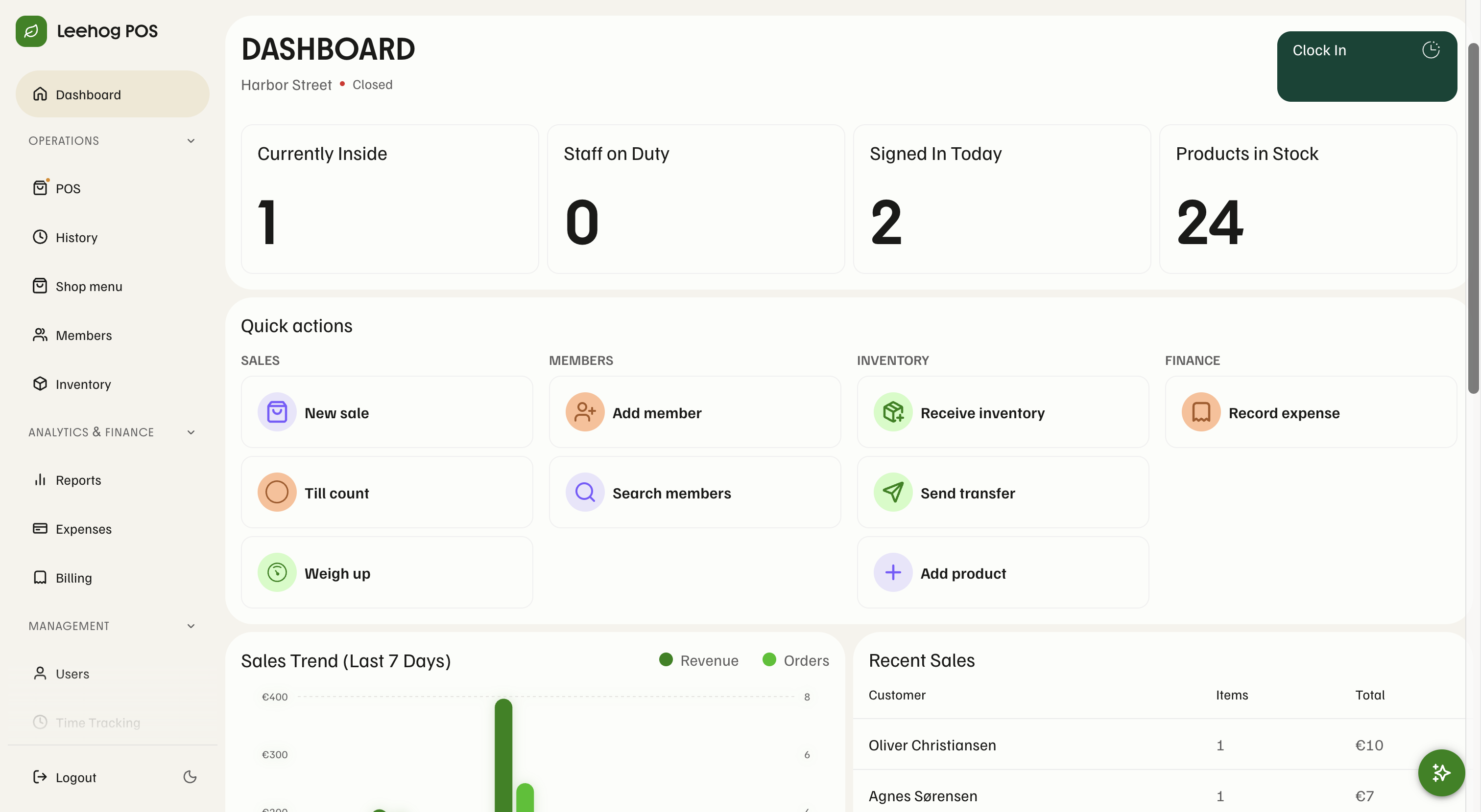 Leehog POS dashboard with live shop status and quick actions