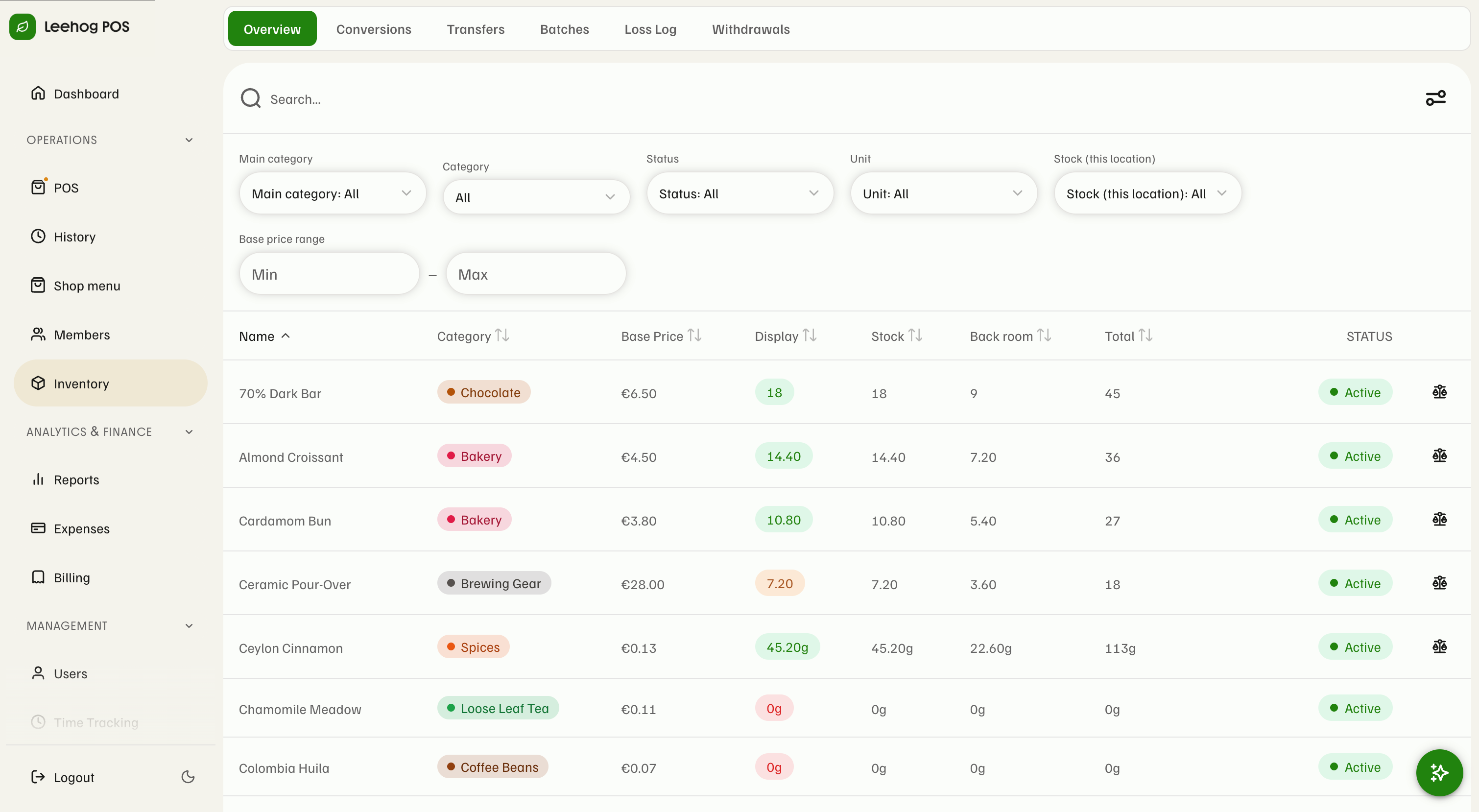 Leehog POS stock overview with display, stash, and back room counts