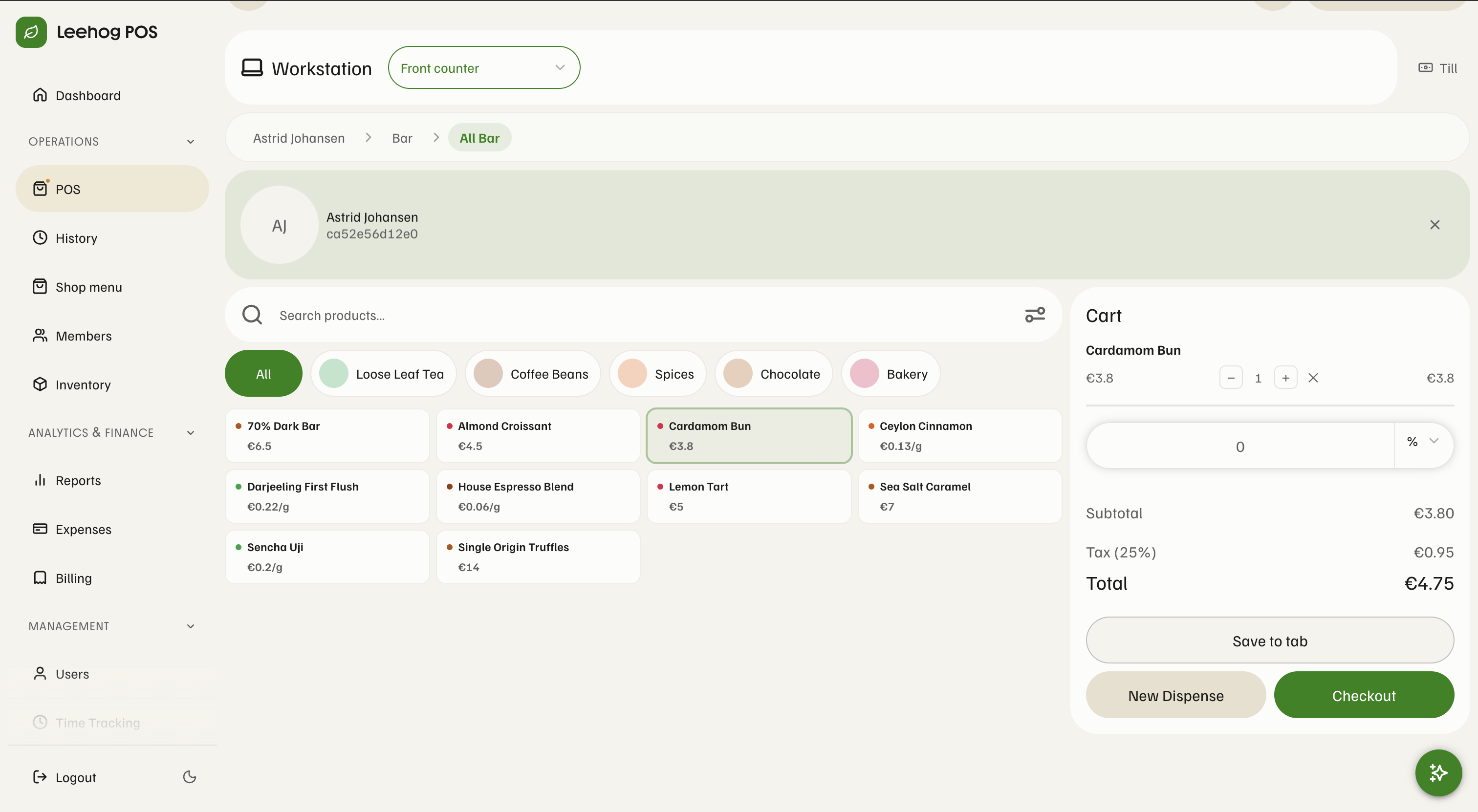 Leehog POS register with product grid, cart, and checkout