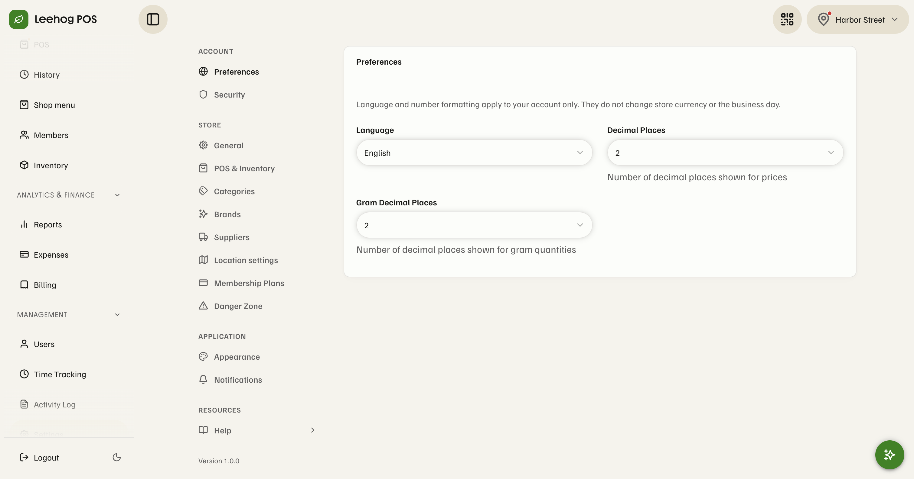 Leehog POS account preferences and store settings