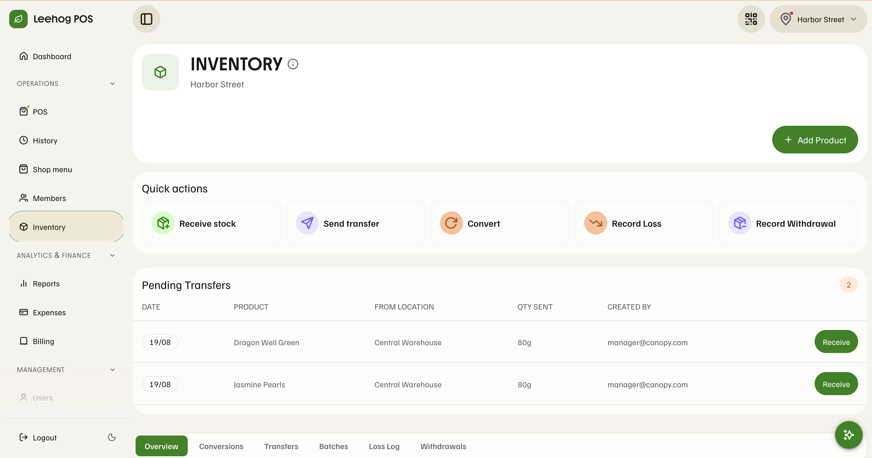 Leehog POS pending warehouse transfers and stock actions